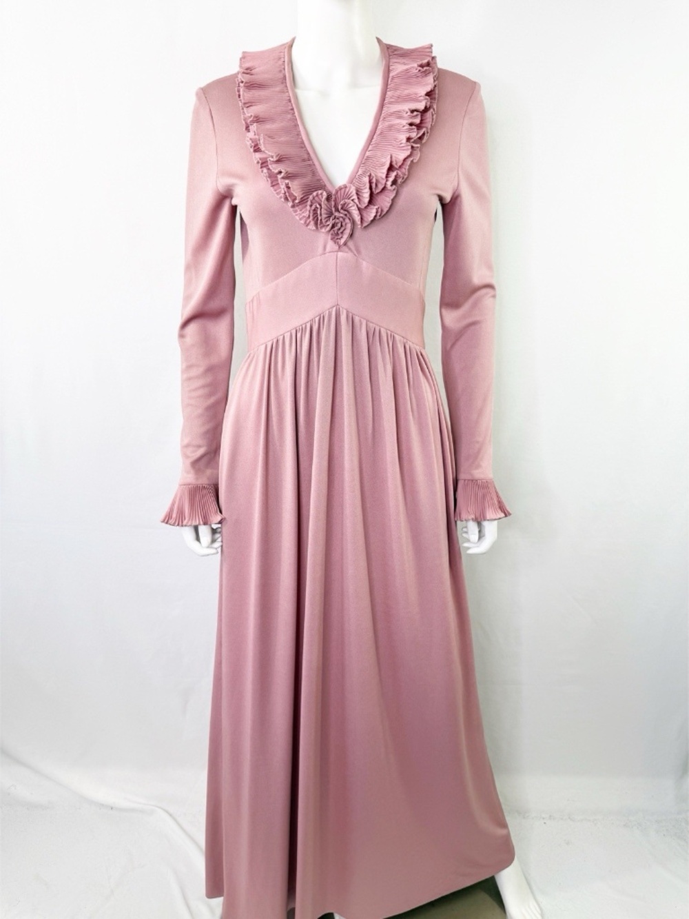 Vintage Victor Costa Pink Long Sleeve Maxi Dress Size 10 M Formal Ruffle V-Neck